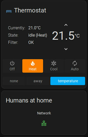 Home Assistant Card showing that someone is connected to the network, and HVAC is enabled by automation